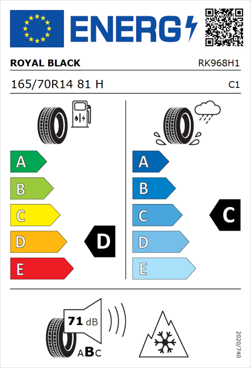 Tyre Label for Royal Black Royal A/S 165/70R14 81H