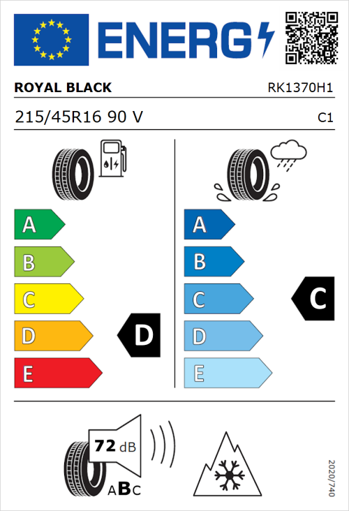 Tyre Label for Royal Black Royal A/S 215/45R16 90V