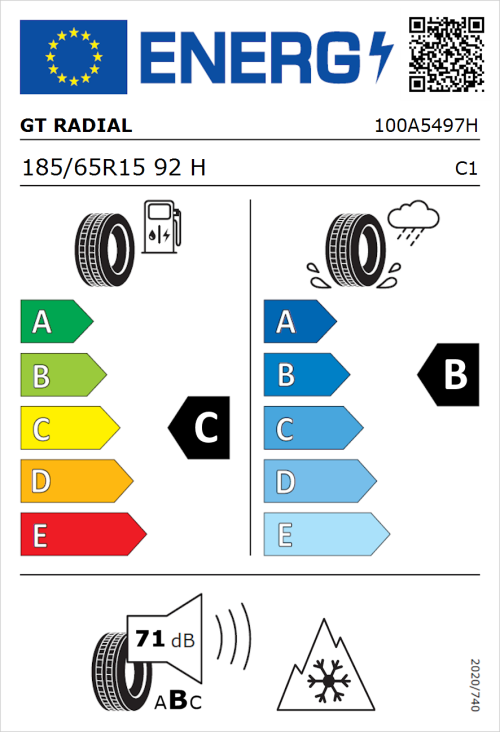 Tyre Label for GT Radial 4Seasons 185/65R15 92H