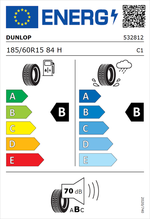 Tyre Label for Dunlop Sport BluResponse 185/60R15 84H