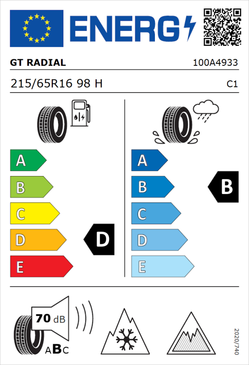 Tyre Label for GT Radial WinterPro 2 Evo SUV 215/65R16 98H
