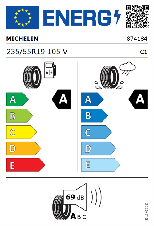 Tyre Label for Michelin Primacy 5 Energy 235/55R19 105V