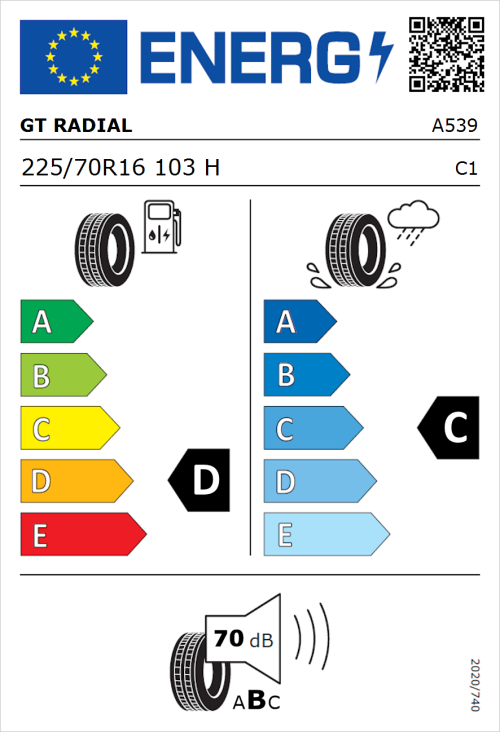 Tyre Label for GT Radial Savero SUV 225/70R16 103H